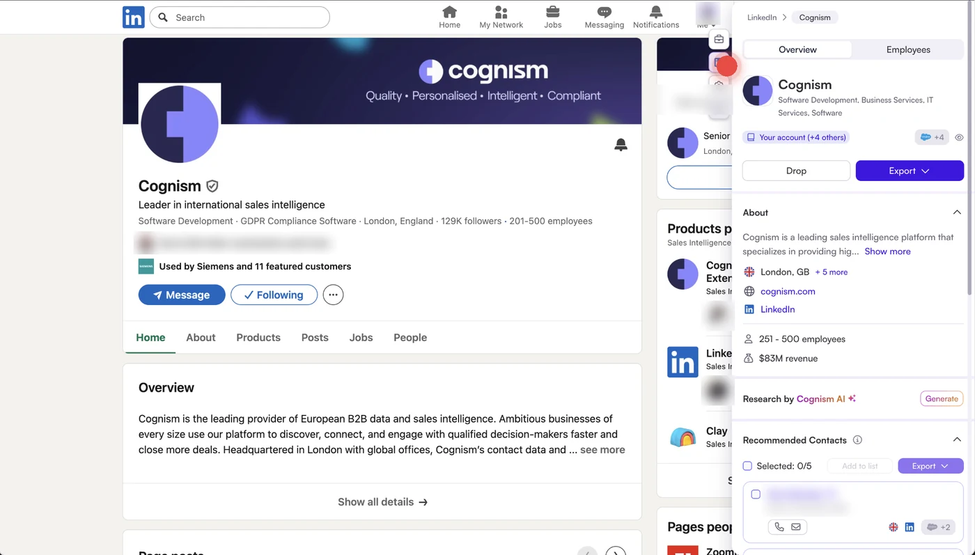 Screenshot of the Cognism app: the Chrome extension panel on a LinkedIn company page