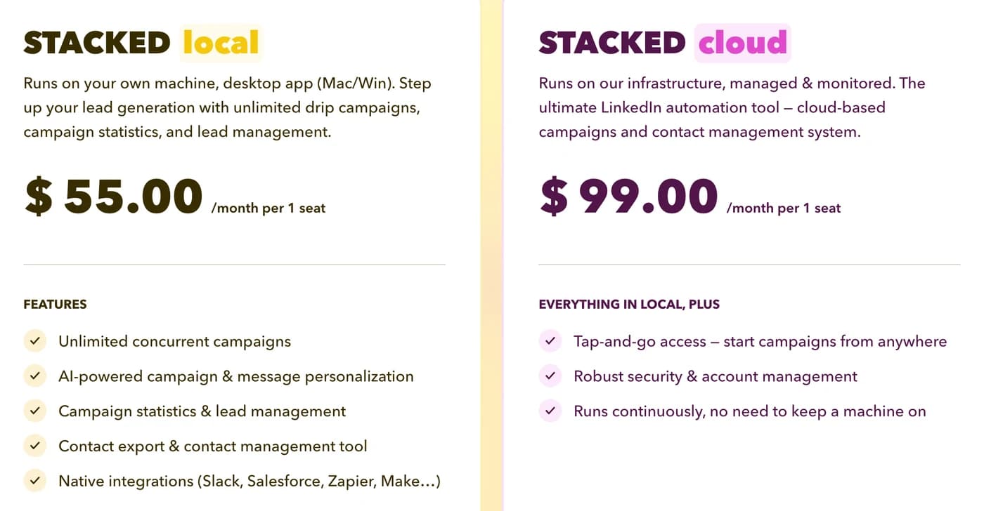 The STACKED local and STACKED cloud plans on the Dux-Soup pricing page