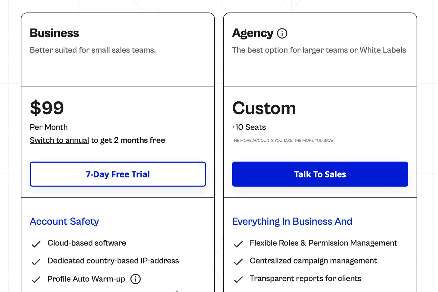 The Business and Agency plans on the Expandi pricing page