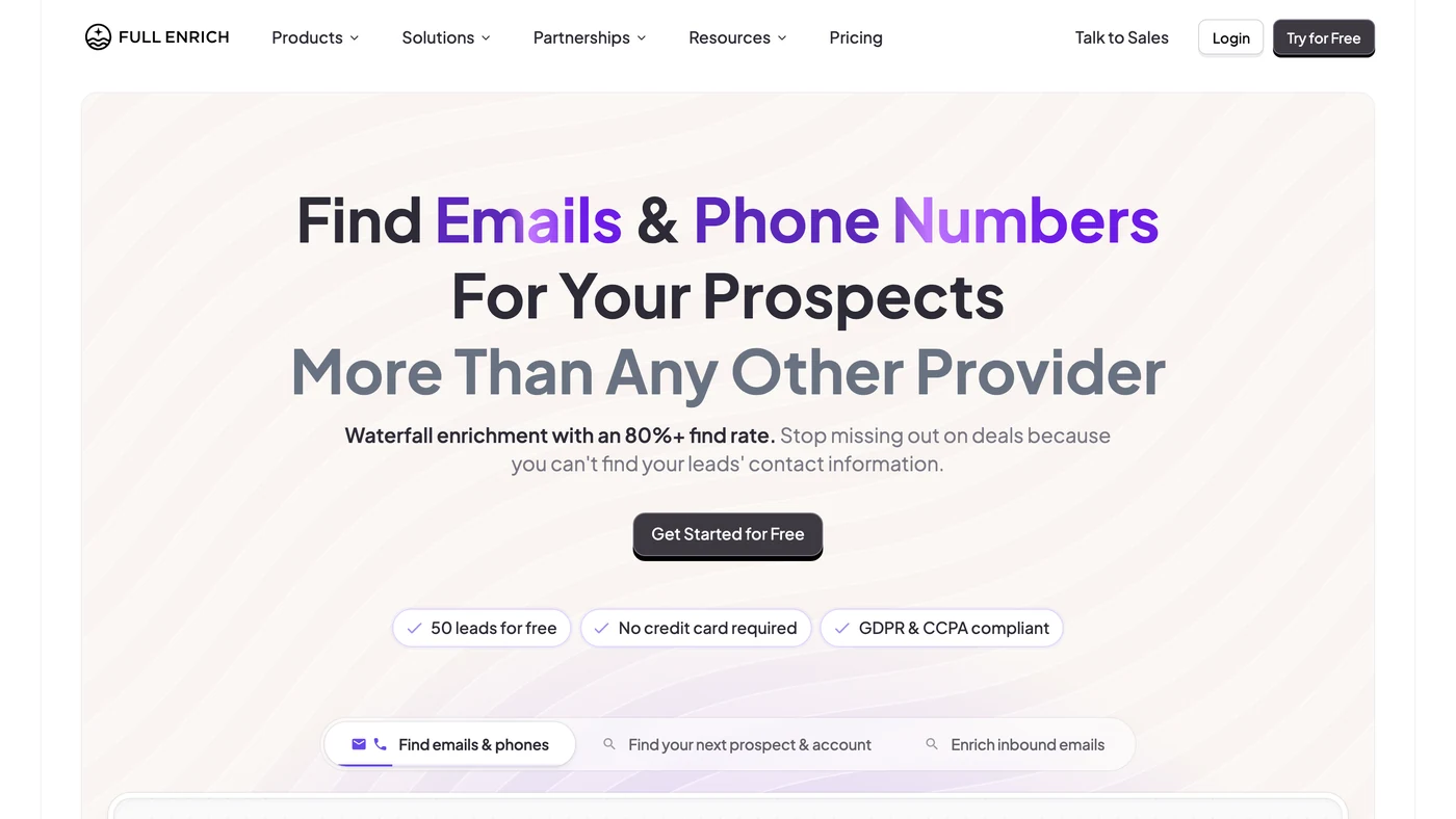 Top of the FullEnrich homepage: headline, tagline and call-to-action buttons