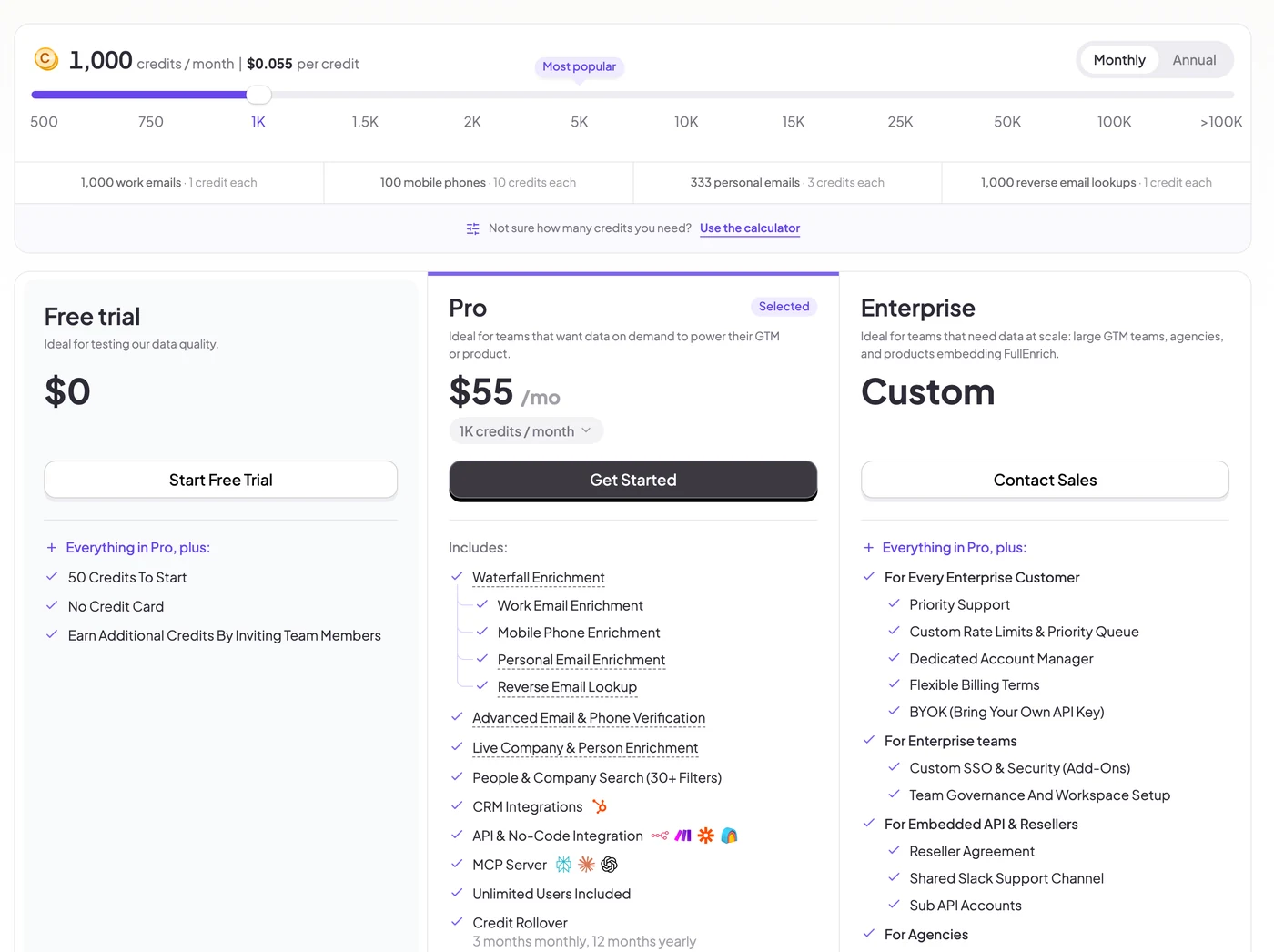 The Free trial, Pro and Enterprise plans on the FullEnrich pricing page