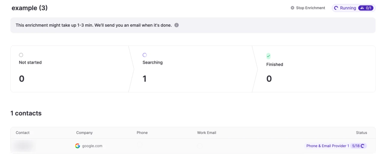 Screenshot of the FullEnrich app: an enrichment in progress, searching a contact’s phone number and work email
