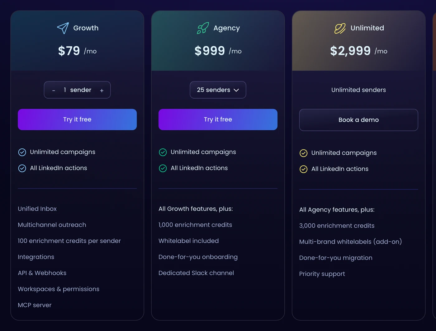 Os planos Growth, Agency e Unlimited na página de preços de HeyReach