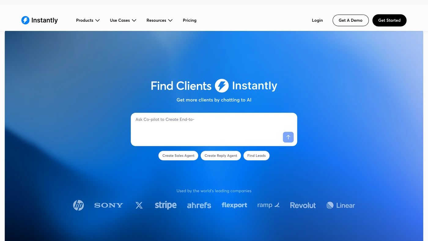 Haut de la page d’accueil d’Instantly : titre, accroche et boutons d’appel à l’action