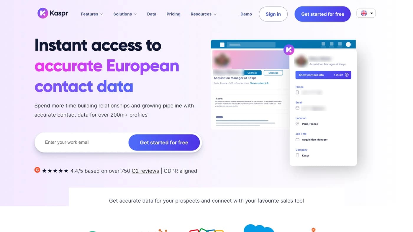 Oberer Teil der Startseite von Kaspr: Überschrift, Slogan und Call-to-Action-Buttons