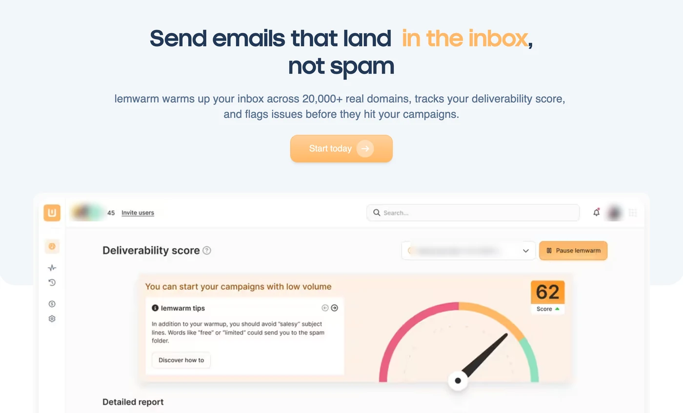 Screenshot of the lemwarm homepage: the deliverability score in the app