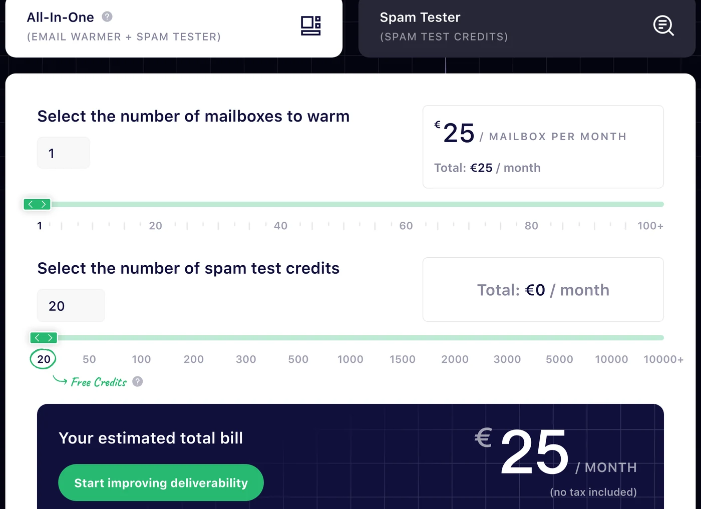 MailReach price calculator: number of mailboxes to warm, price per mailbox and estimated monthly bill