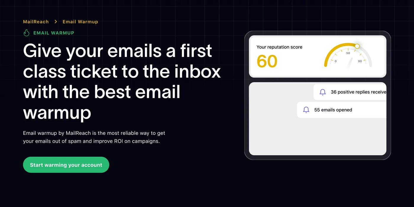 Screenshot of the MailReach Email Warmup page: a mailbox reputation score