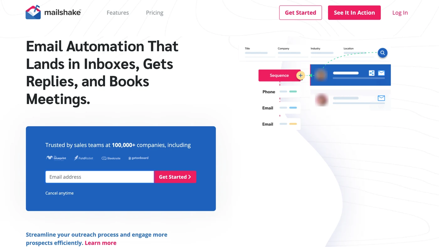 Top of the Mailshake homepage: headline, tagline and call-to-action buttons