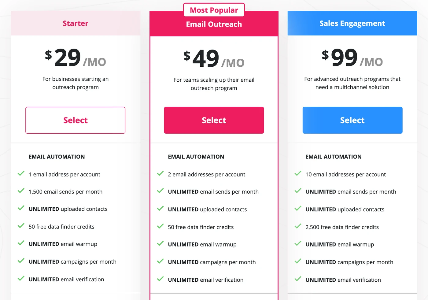 The Starter, Email Outreach and Sales Engagement plans on the Mailshake pricing page