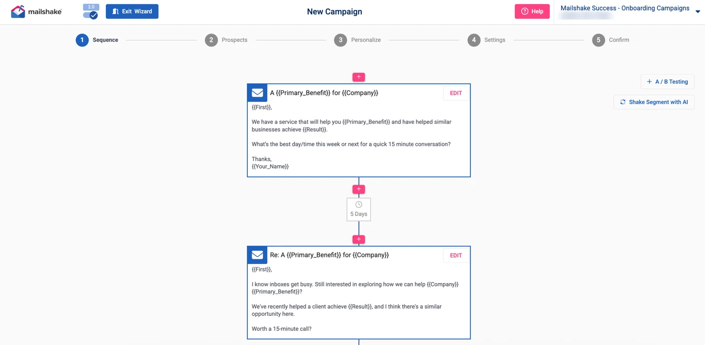 Screenshot of the Mailshake app: the sequence editor, an email then a follow-up 5 days later