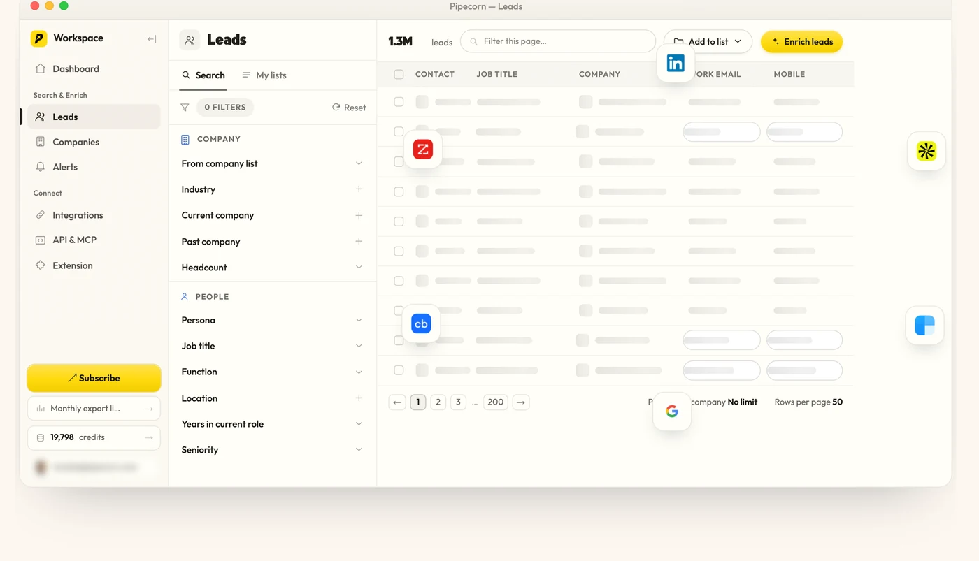 Screenshot of the Pipecorn Lead Database page: lead search in the app
