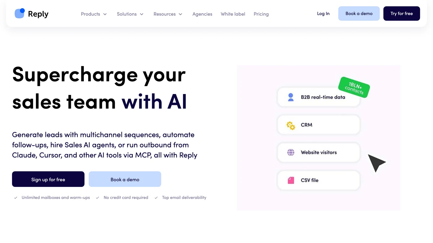 Top of the Reply.io homepage: headline, tagline and call-to-action buttons