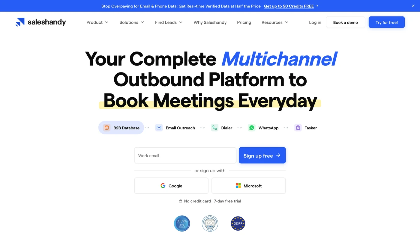 Top of the Saleshandy homepage: headline, tagline and call-to-action buttons