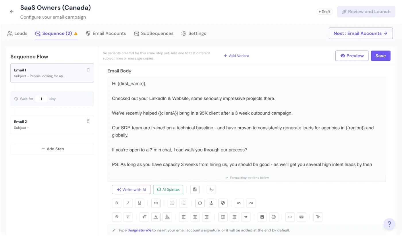 Capture d’écran de l’application de Smartlead : l’éditeur de séquence d’une campagne email