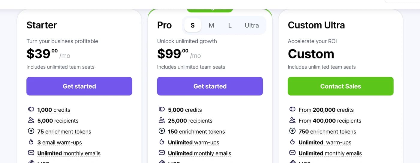 The Starter, Pro and Custom Ultra plans on the Snov.io pricing page