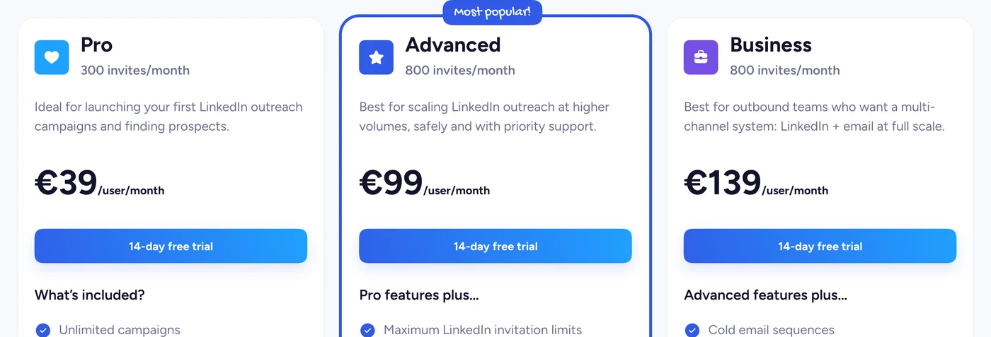 Os planos Pro, Advanced e Business na página de preços de Waalaxy