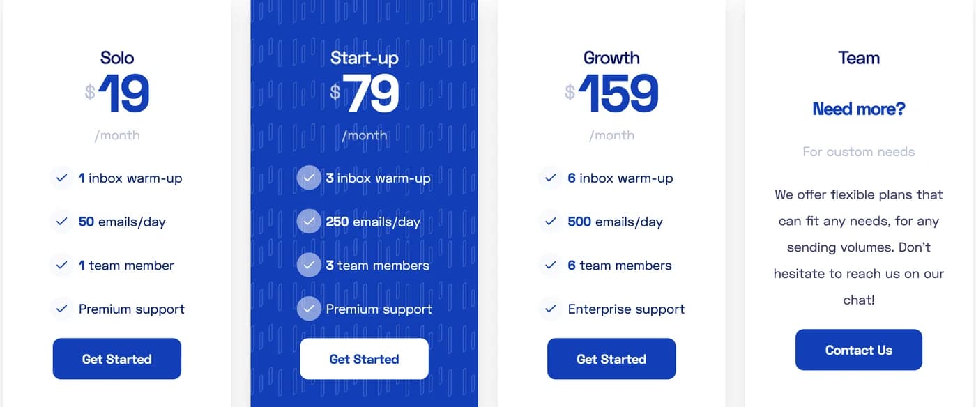 Les offres Solo, Start-up, Growth et Team sur la page de tarifs de Warmbox