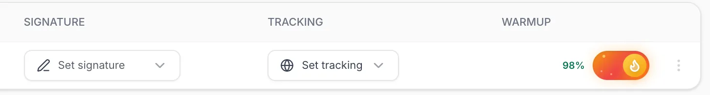 Mailbox row with the Set signature and Set tracking buttons and the Warmup switch