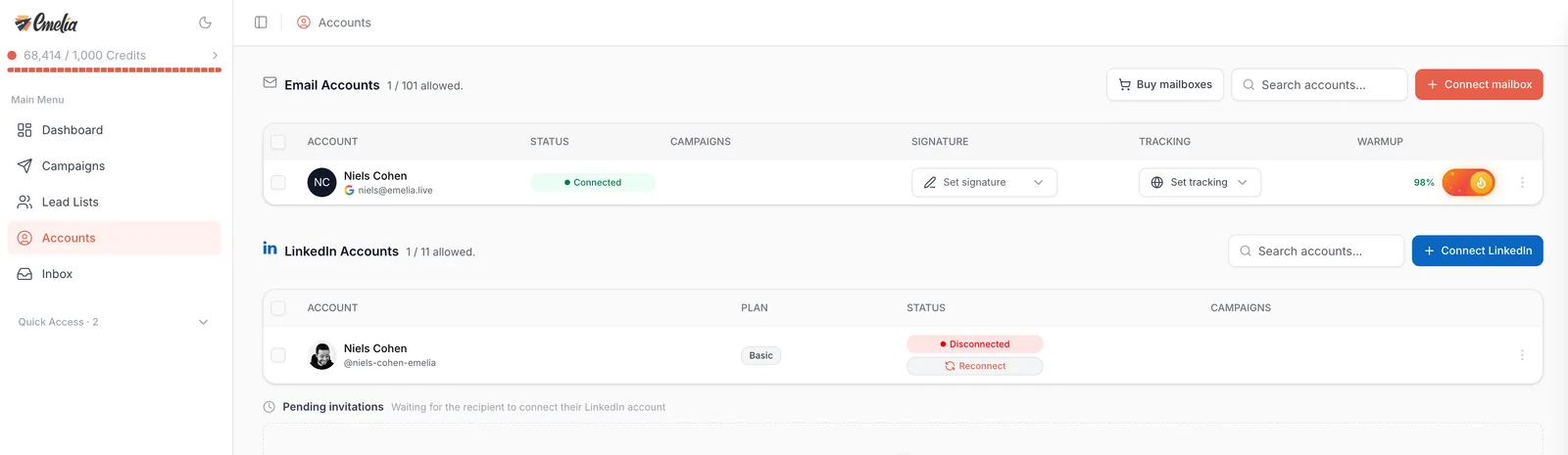 Emelia Accounts page with the left-hand menu and the Signature, Tracking and Warmup columns