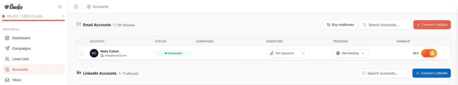 Emelia Accounts page with the Connect mailbox button