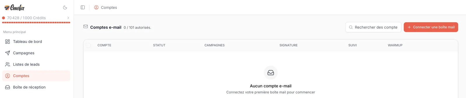 Page Comptes d'Emelia, avec le menu de gauche et le bouton Connecter une boîte mail en haut à droite