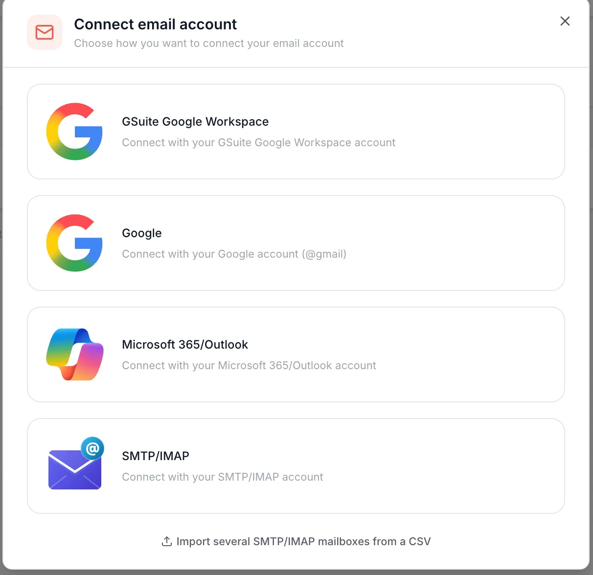 Connect email account window with the four connection methods