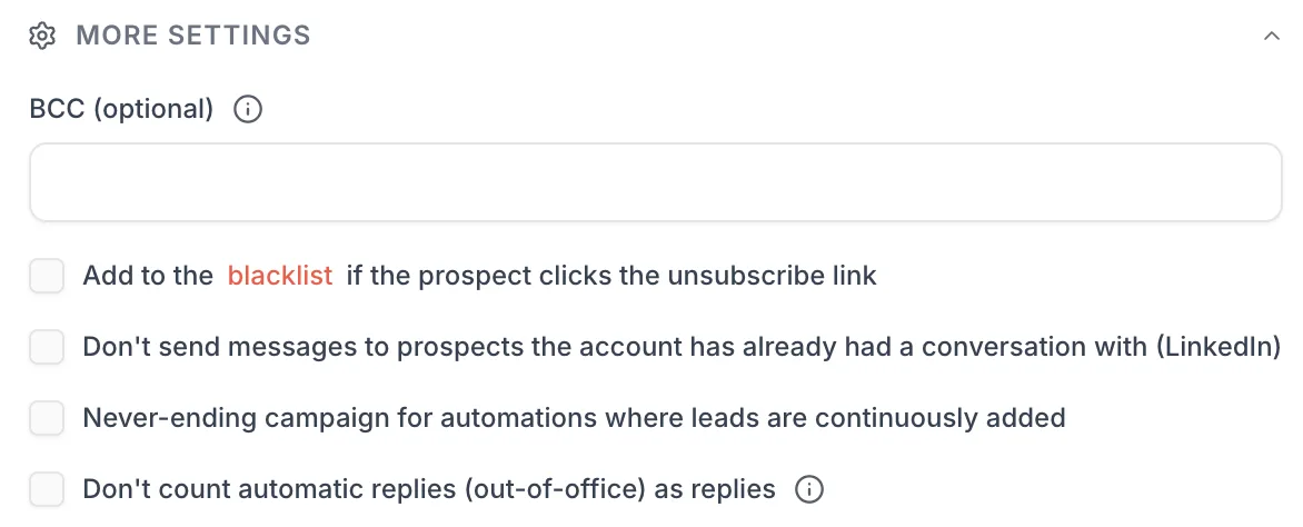 More settings block of the campaign settings, with the option Don't count automatic replies (out-of-office) as replies