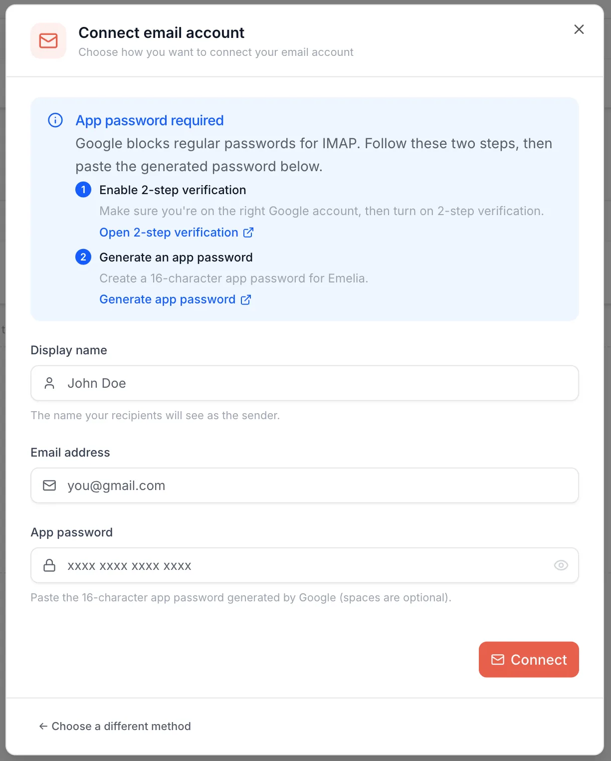 Emelia's Gmail connection window with the App password required box and its two links