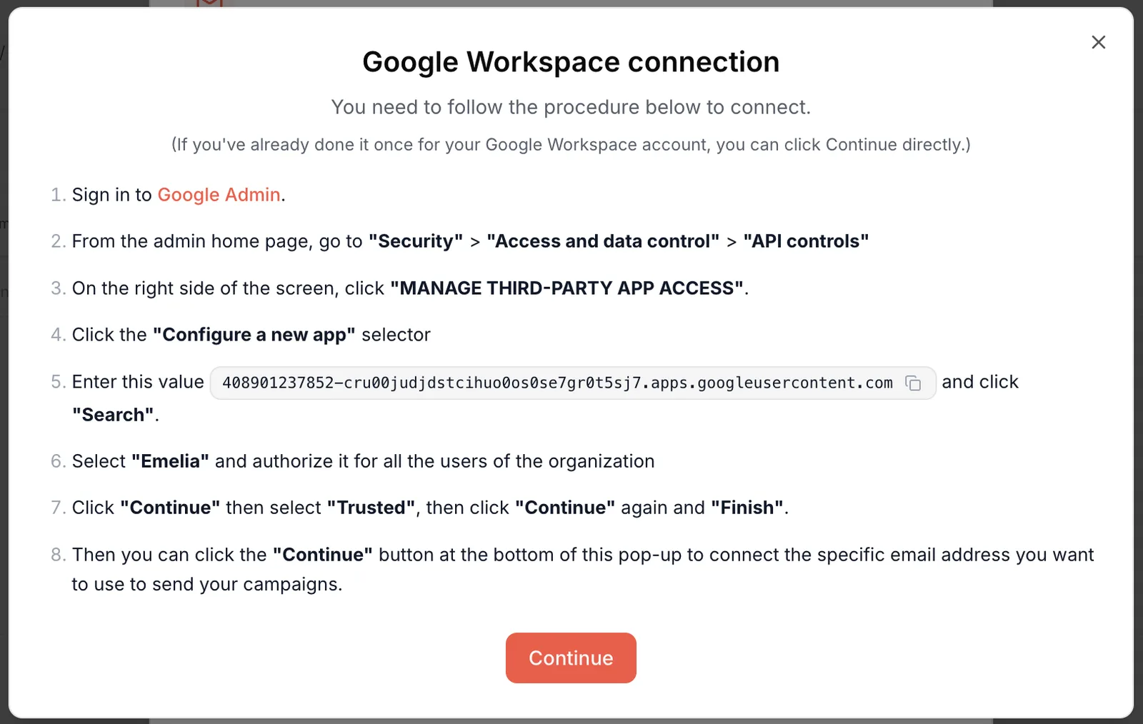 Emelia's Google Workspace connection window with the eight-point procedure and the Continue button
