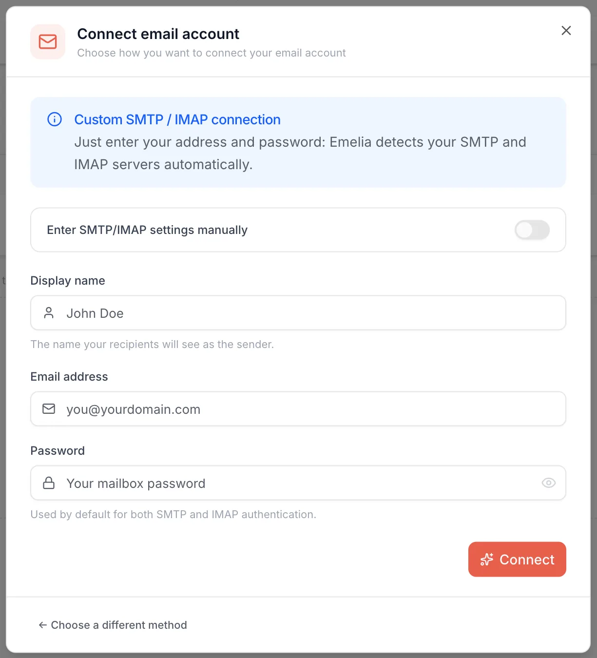 Emelia's SMTP/IMAP connection window in automatic mode: display name, email address, password