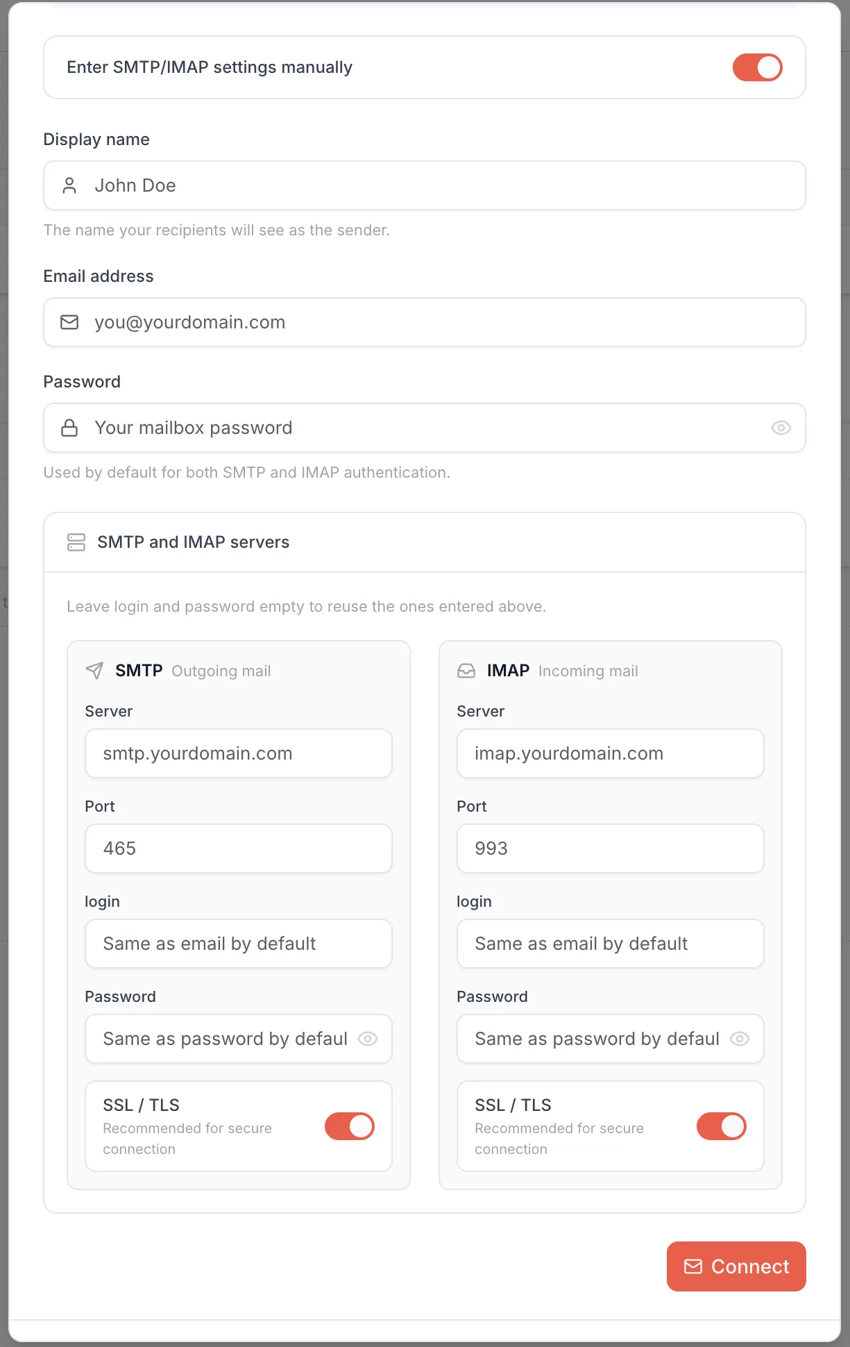 Manual SMTP and IMAP server entry in Emelia: server, port, login, password, SSL/TLS