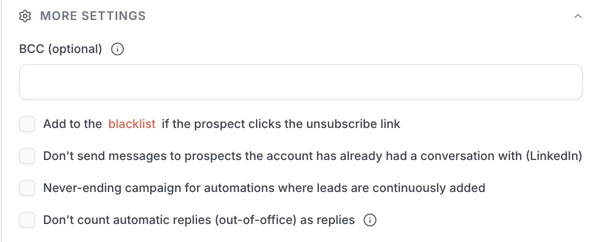 More settings block of a campaign with the add to blacklist on unsubscribe option
