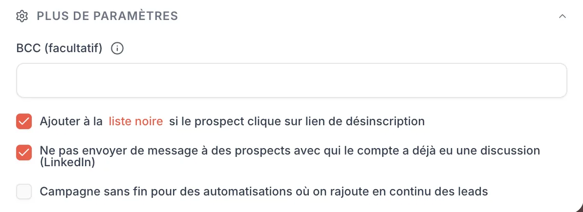 Bloc Plus de paramètres d'une campagne avec l'option d'ajout à la liste noire au désabonnement