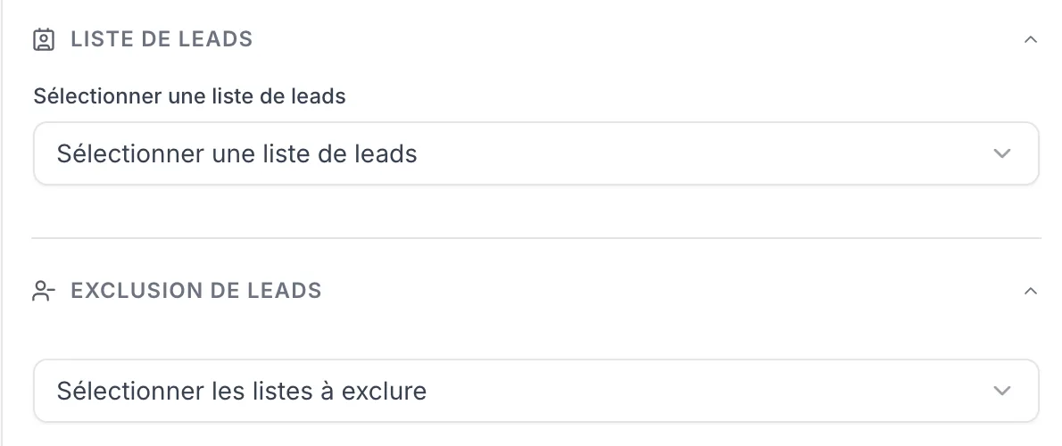 Blocs Liste de leads et Exclusion de leads des paramètres de campagne