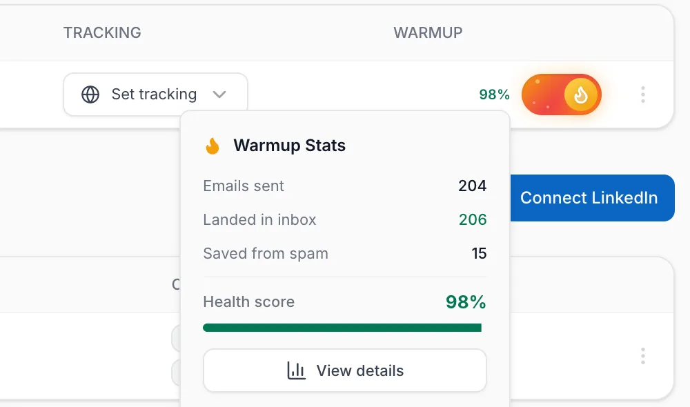 Accounts page: 98% warm-up score and the Warmup Stats tooltip with the View details button
