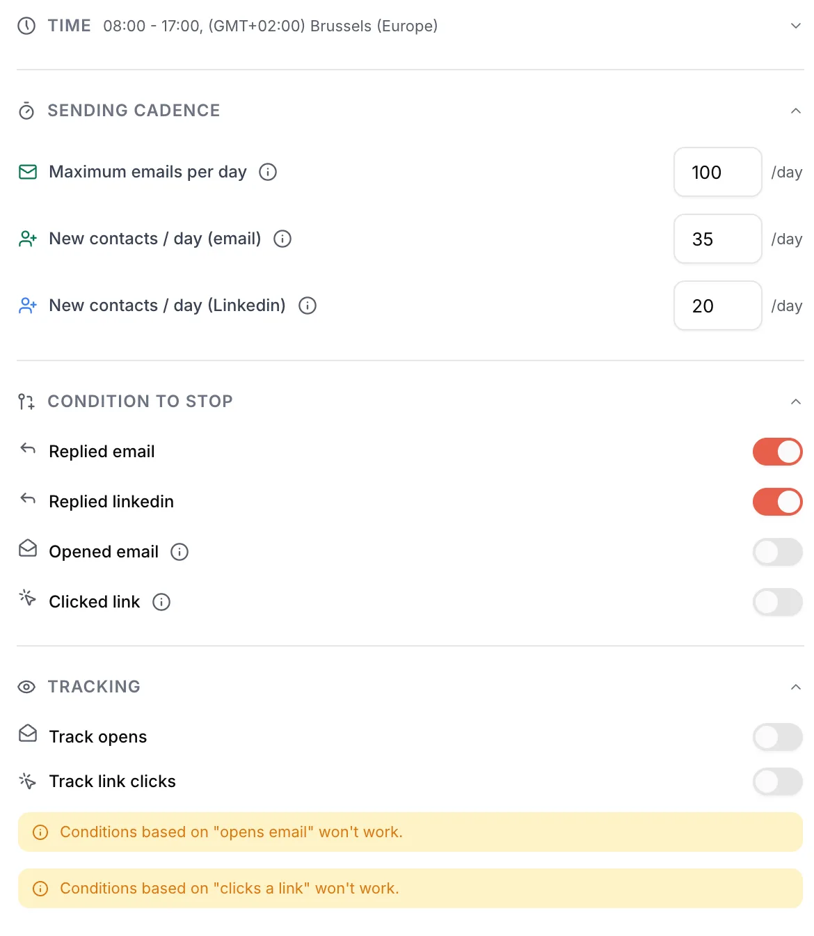 Campaign Settings: Time, Sending cadence, Condition to stop and Tracking blocks