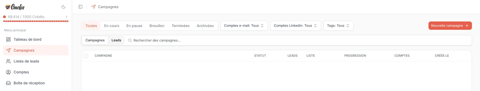 Liste des campagnes dans Emelia, avec le bouton Nouvelle campagne en haut à droite