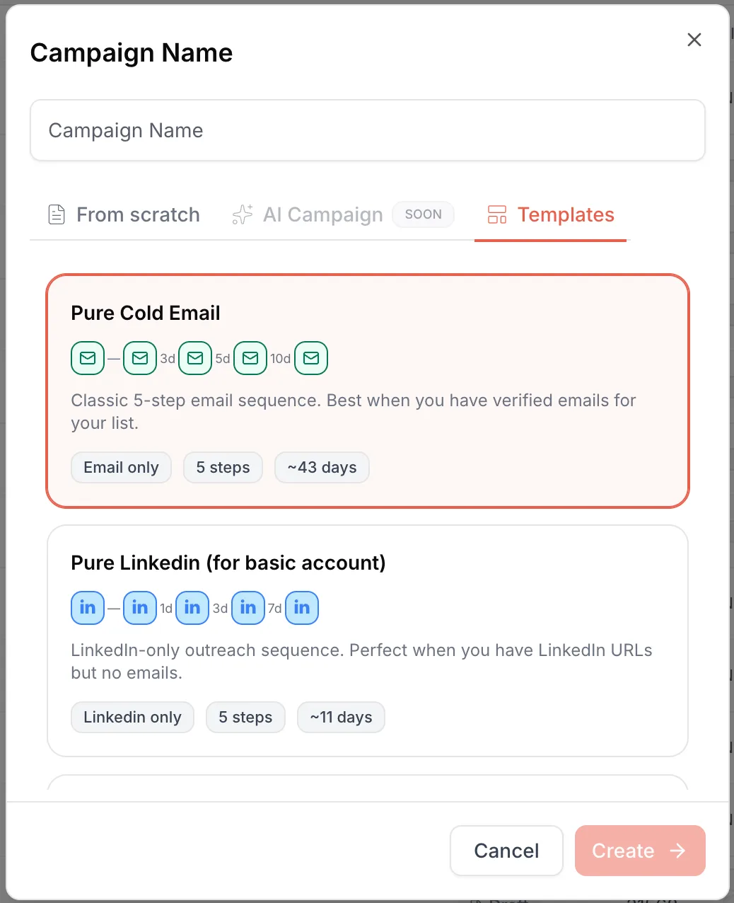 Campaign creation window: name field, From scratch, AI Campaign and Templates tabs, and the first templates offered
