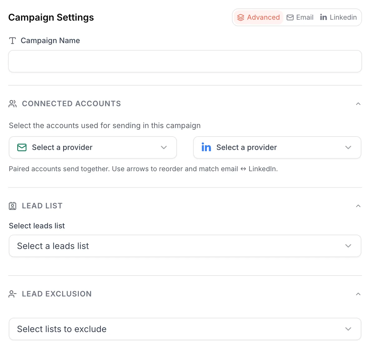 Campaign Settings panel, with the Advanced, Email and Linkedin tabs at the top right