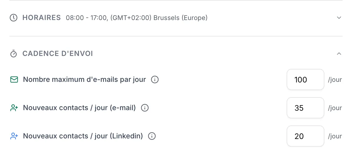 Blocs Horaires et Cadence d'envoi du panneau de paramètres