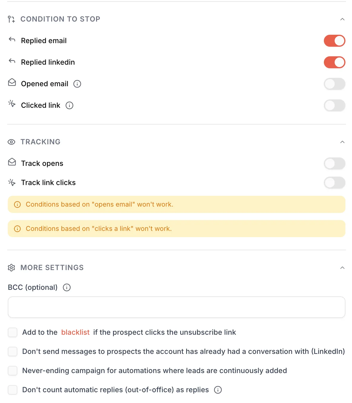 Condition to stop, Tracking and More settings blocks of the panel