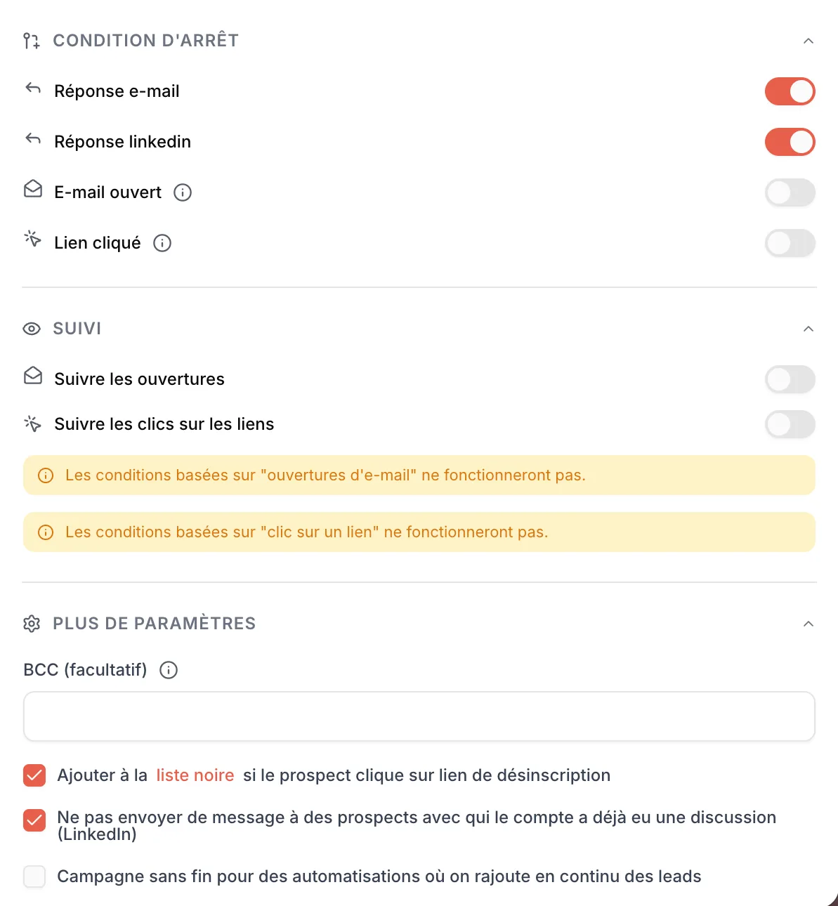 Bloc Condition d'arrêt avec Réponse e-mail et Réponse linkedin activés