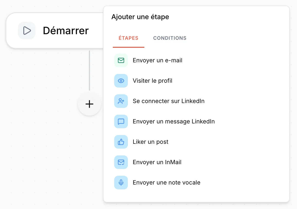 Menu Ajouter une étape ouvert sous le bloc Démarrer, onglet Étapes