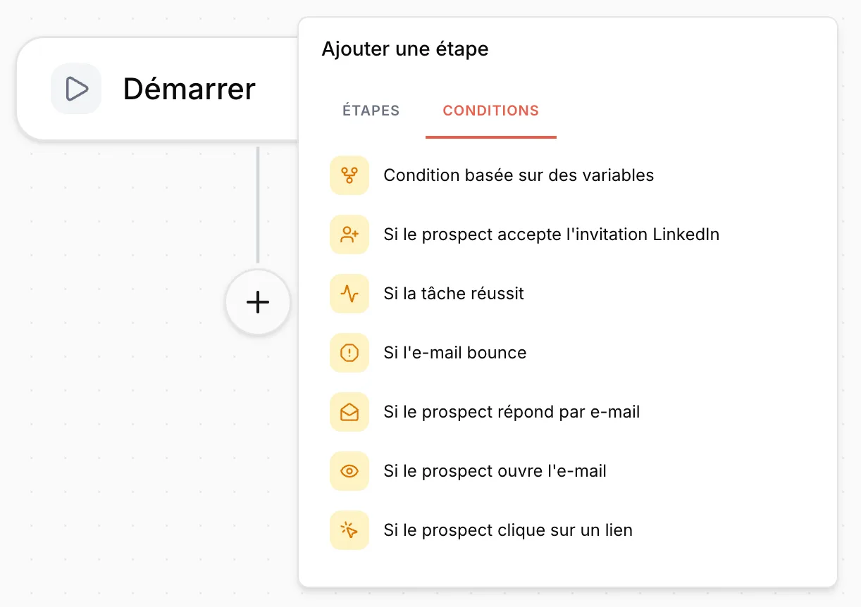 Menu Ajouter une étape, onglet Conditions, avec la liste des conditions disponibles