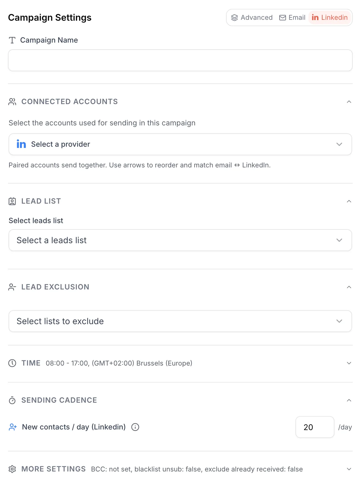 Settings panel in Linkedin mode: LinkedIn account, list, exclusion, time, cadence and more settings