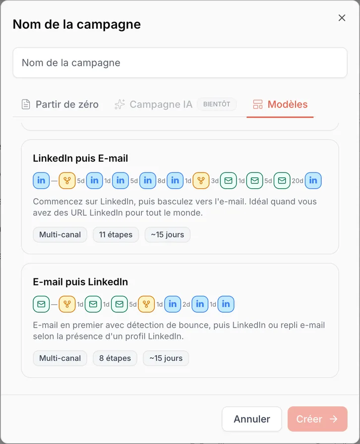 Emelia's two multichannel templates: LinkedIn then Email, and Email then LinkedIn