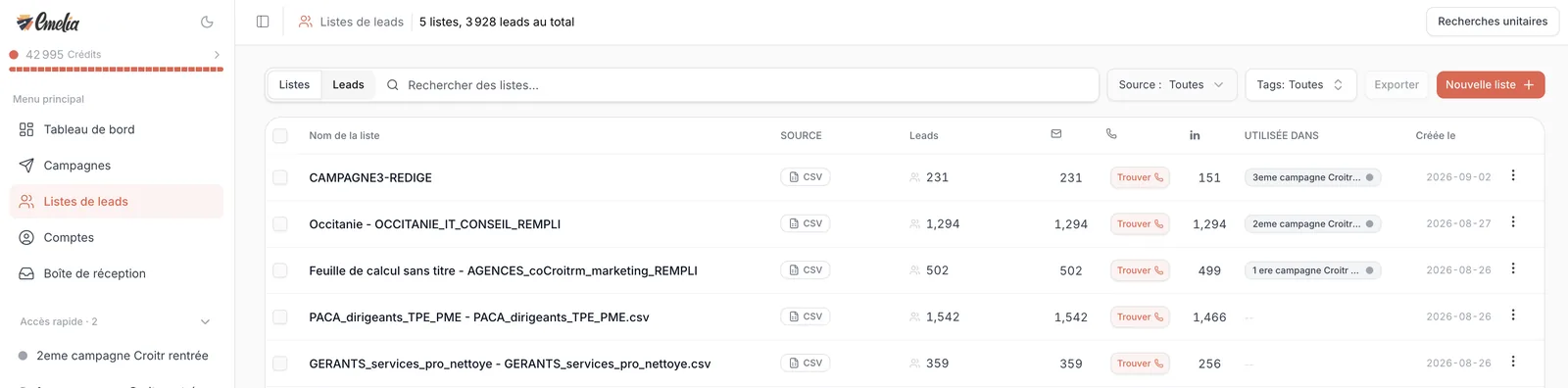 Emelia Lead Lists page with the left menu and the New List button