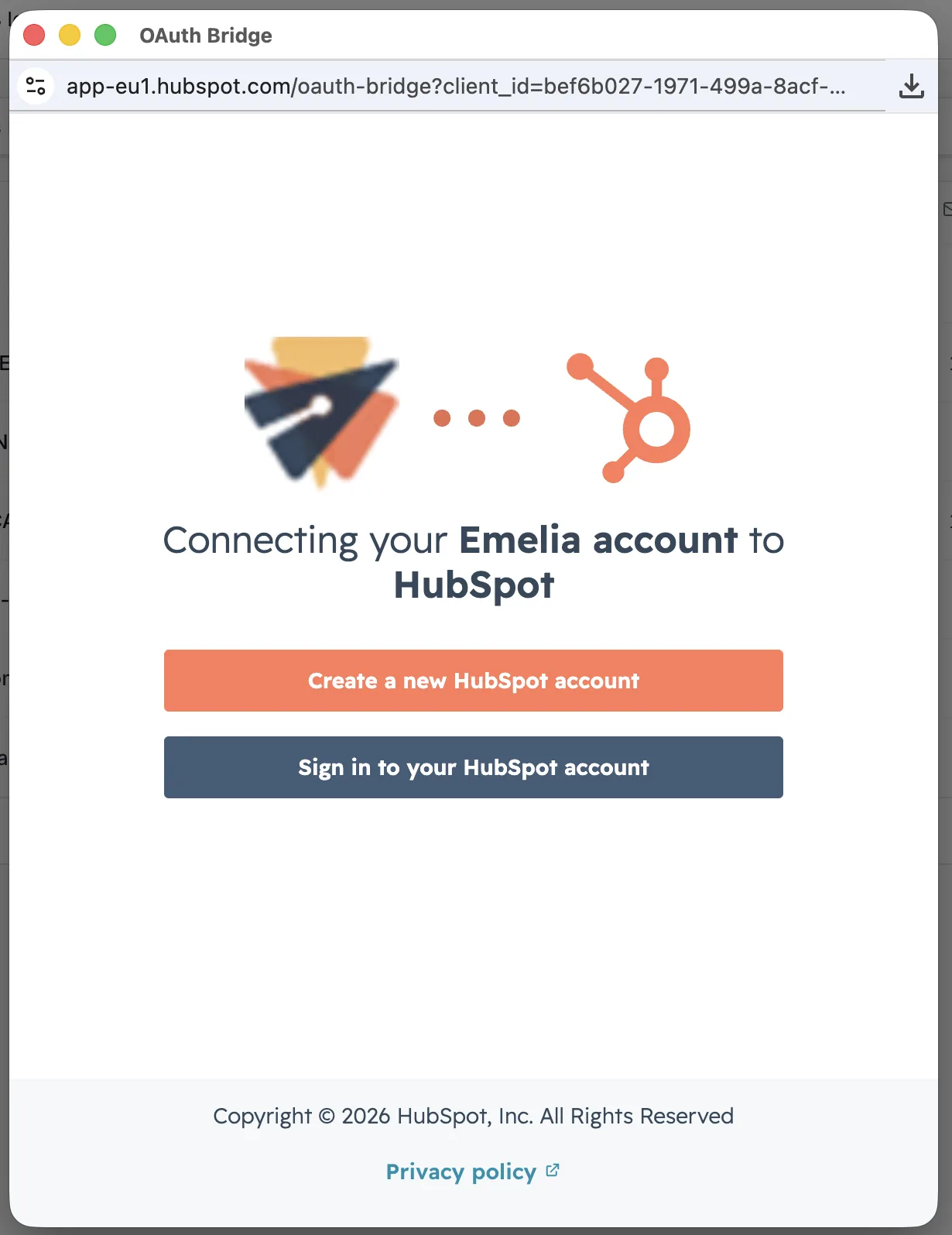 HubSpot authorization window for connecting the Emelia account