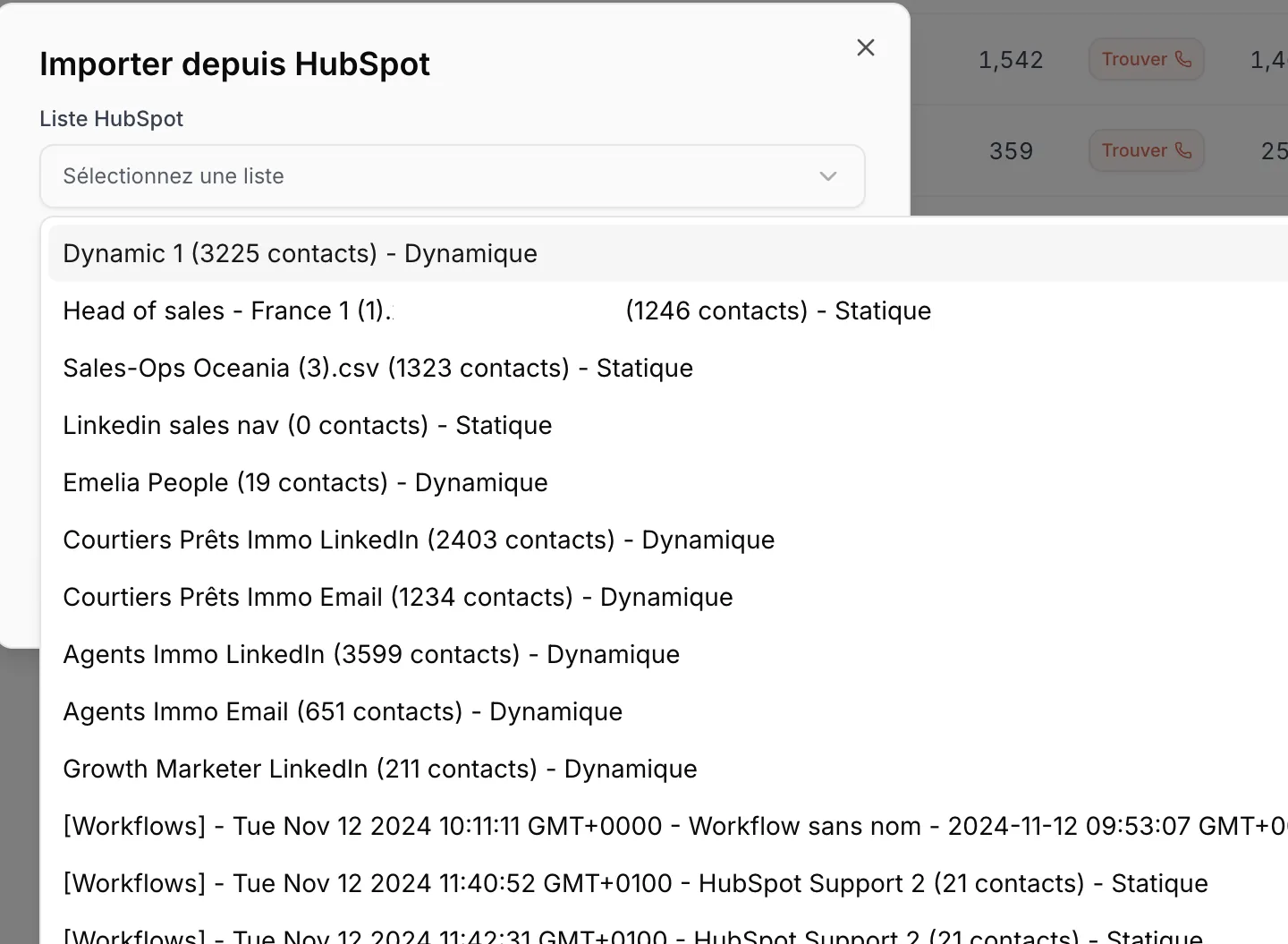 Dropdown of the HubSpot lists available for import, with their type